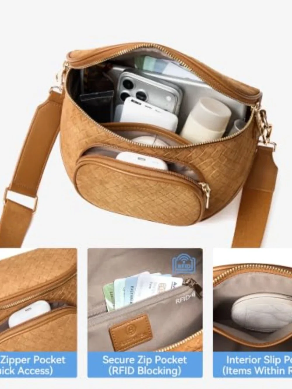 Crossbody Bum Bag Structured Fanny Pack RFID Vegan Leather Suede Adjustable